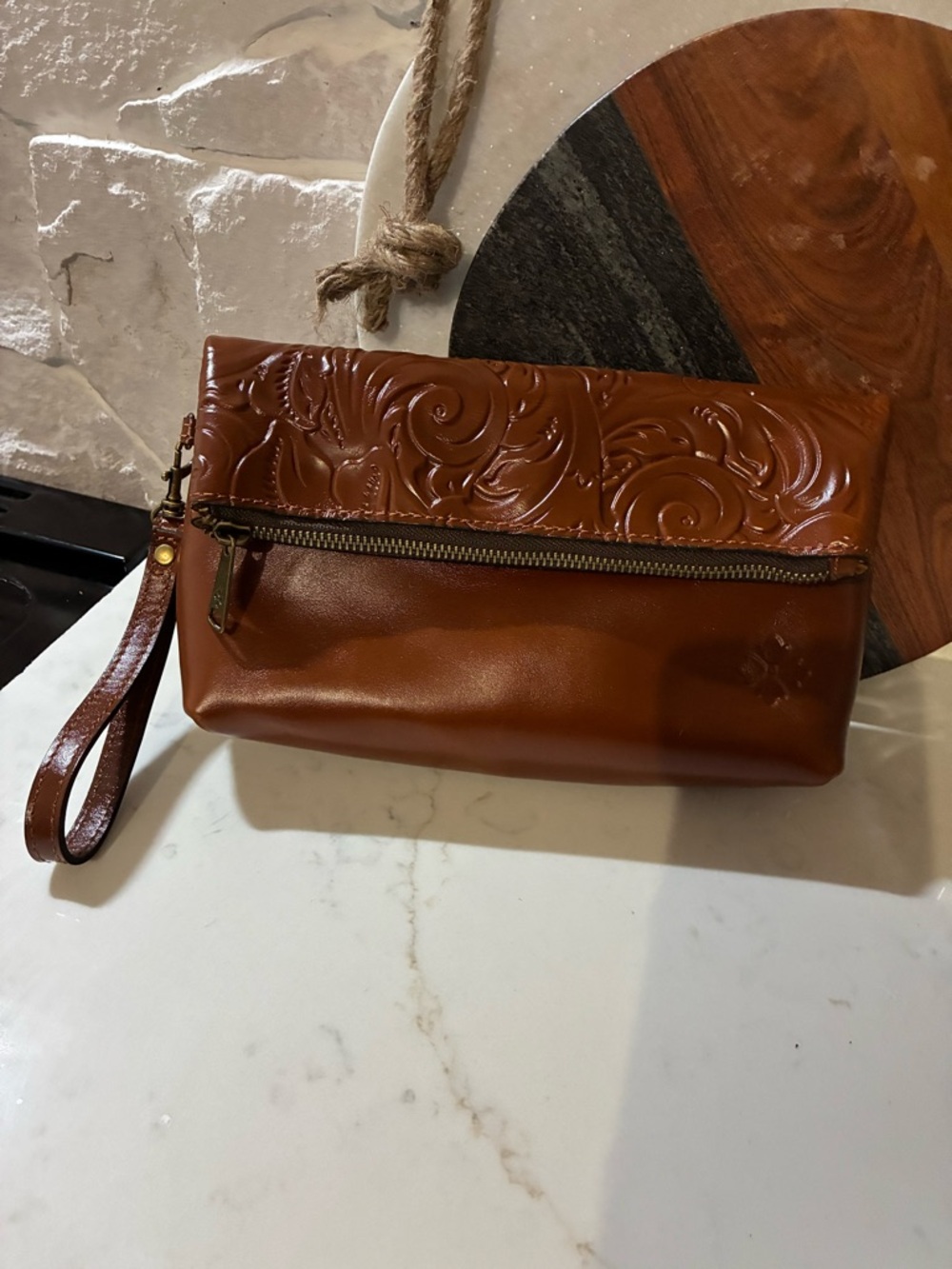 Patricia Nash Embossed Leather Wristlet Clutch in Brown